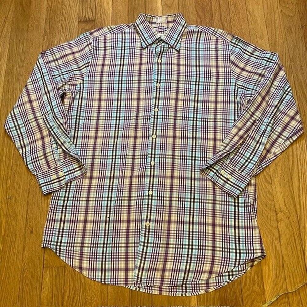 Peter Millar Golf Purple Blue Plaid Cotton Flex Button Down Shirt Mens Large